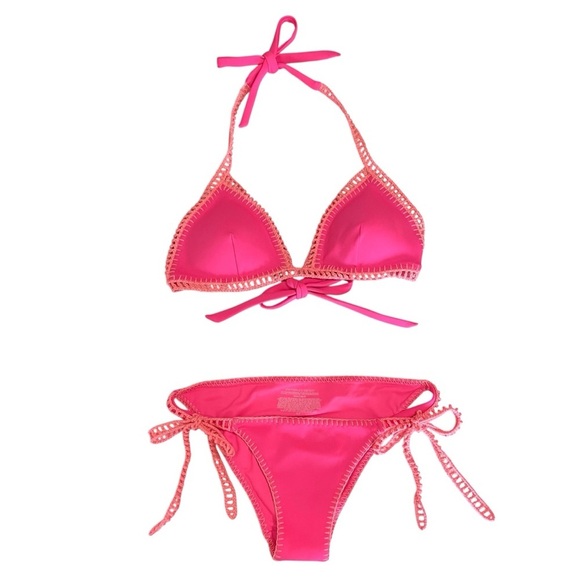 Victoria’s Secret Crochet Trim Bikini 2 PC Swimsuit Pink Large Top Small Bottom - Picture 3 of 16